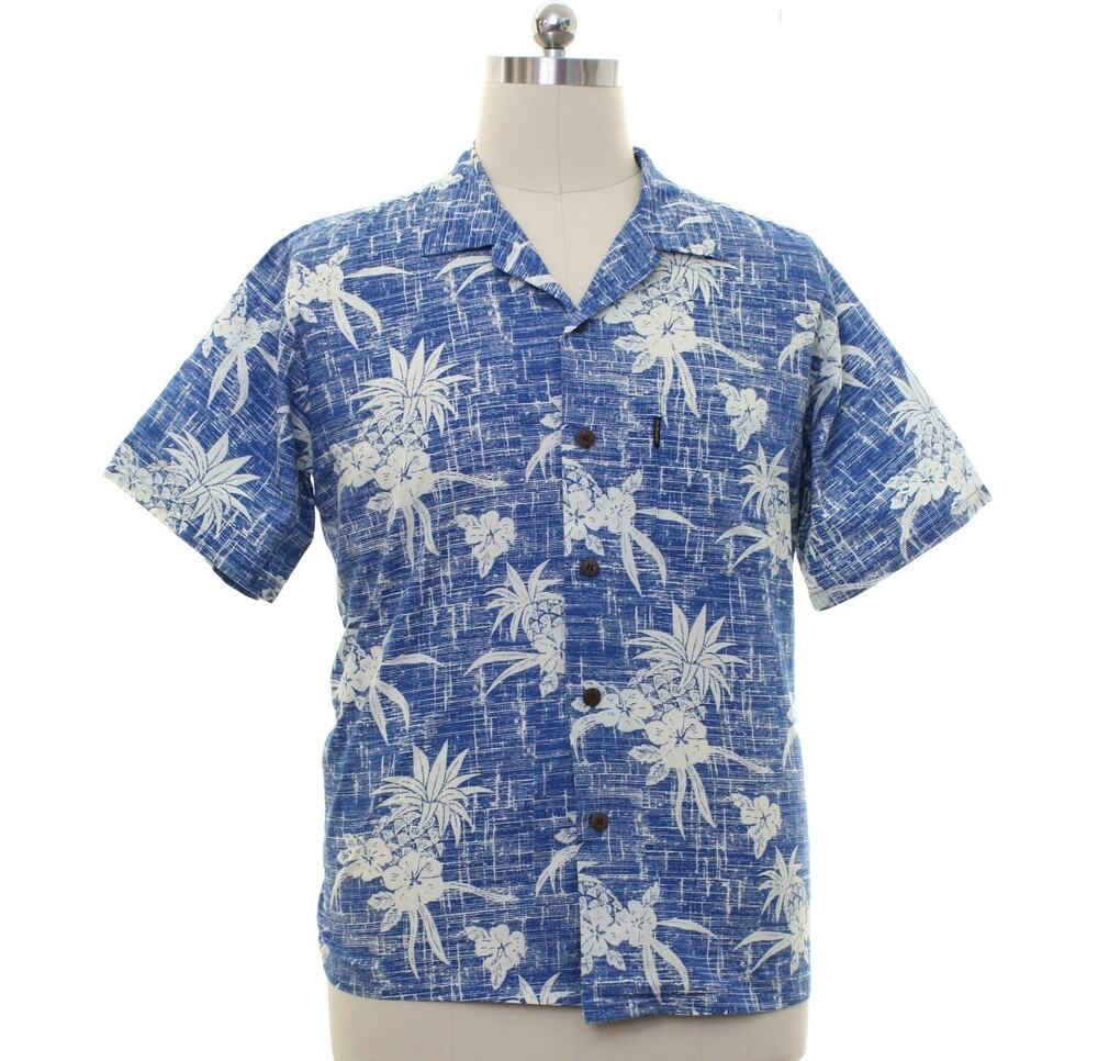 Vintage 90s Palmwave Hawaiian Shirt Blue Floral Cotton Camp Shirt Men's Large